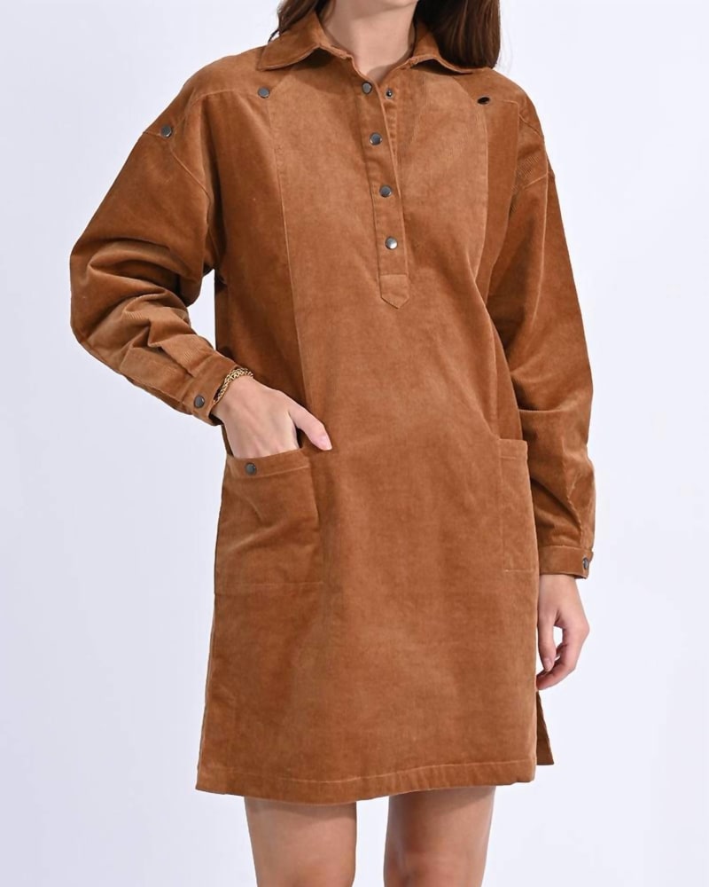 Front of a model wearing a size Large Corduroy Dress In Camel in Camel by MOLLY BRACKEN. | dia_product_style_image_id:346933